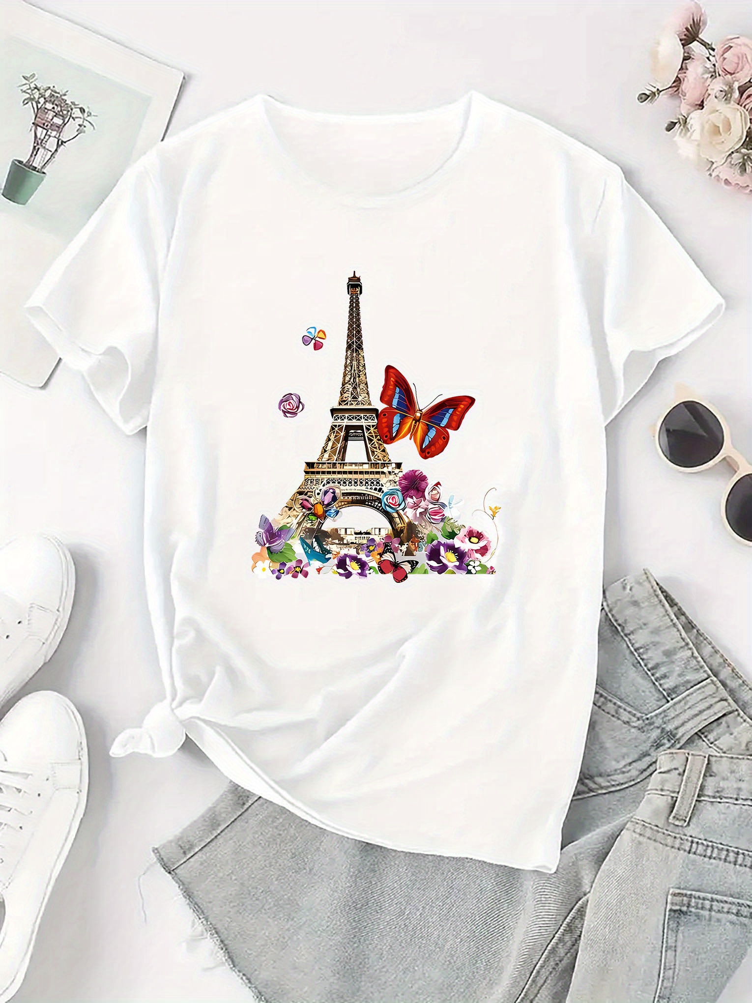 thumbnail image 3 of Women's Stylish Eiffel Tower & Butterfly Floral Print T-Shirt - Soft Polyester Blend, Casual Round Neck Short Sleeve Tee for Summer, Lightweight & Comfortable Fit, Leisure Apparel | Paris Theme Appar, 3 of 8