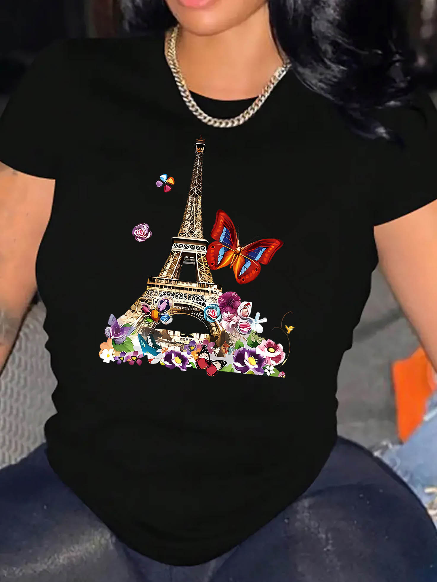 thumbnail image 2 of Women's Stylish Eiffel Tower & Butterfly Floral Print T-Shirt - Soft Polyester Blend, Casual Round Neck Short Sleeve Tee for Summer, Lightweight & Comfortable Fit, Leisure Apparel | Paris Theme Appar, 2 of 8