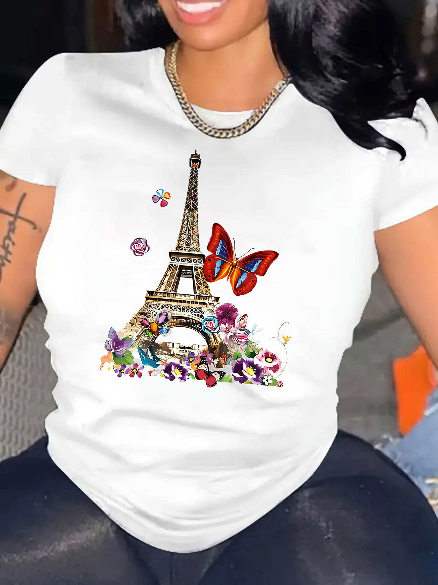 thumbnail image 1 of Women's Stylish Eiffel Tower & Butterfly Floral Print T-Shirt - Soft Polyester Blend, Casual Round Neck Short Sleeve Tee for Summer, Lightweight & Comfortable Fit, Leisure Apparel | Paris Theme Appar, 1 of 8