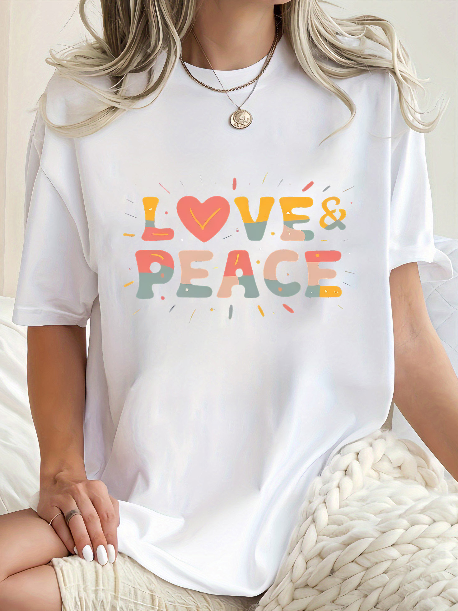 thumbnail image 2 of Women's "LOVE & PEACE" Colorful Graphic Tee - Casual Round Neck Short Sleeve, Comfortable Polyester-Spandex Blend, Machine Washable Summer Top, 2 of 8