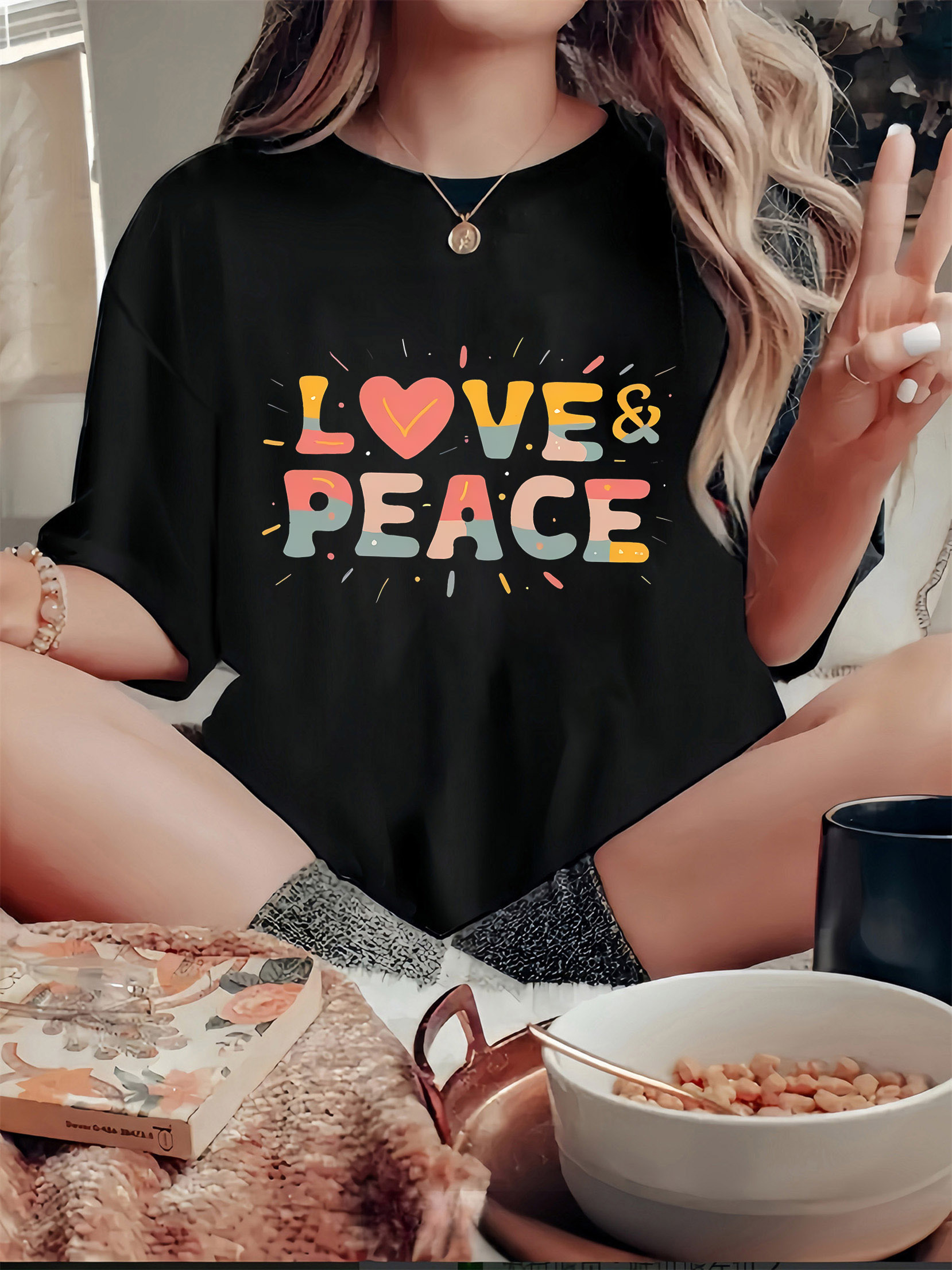Women's "LOVE & PEACE" Colorful Graphic Tee - Casual Round Neck Short Sleeve, Comfortable Polyester-Spandex Blend, Machine Washable Summer Top