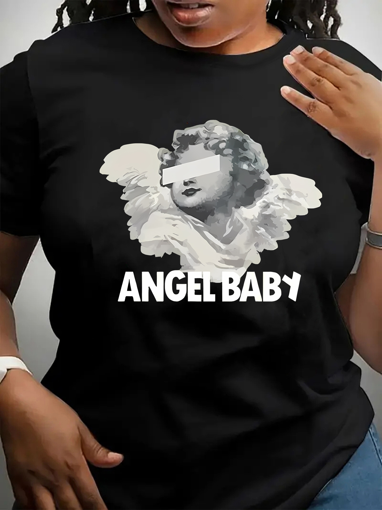 Women's Fashionable Round Neck Short Sleeve T-Shirt with Angel Youngsters Print, Casual Sporty Summer Top, Comfortable Polyester and Spandex Blend, Machine Washable, Pattern Print, Holiday