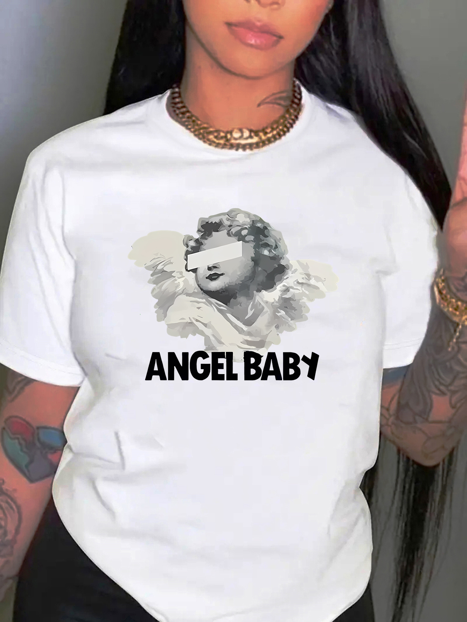 thumbnail image 2 of Women's Fashionable Round Neck Short Sleeve T-Shirt with Angel Youngsters Print, Casual Sporty Summer Top, Comfortable Polyester and Spandex Blend, Machine Washable, Pattern Print, Holiday, 2 of 8