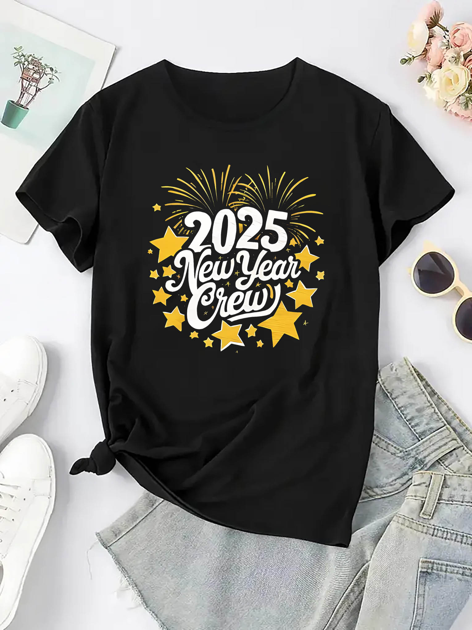thumbnail image 2 of 1pc 2025 New Year Crew Geometric Stars Fireworks Print T-Shirt, Women'S Fashion Casual Crew Neck Short Sleeve Tee, Polyester Knit Fabric, Medium Stretch, All Season Comfort Fit Top, 2 of 8