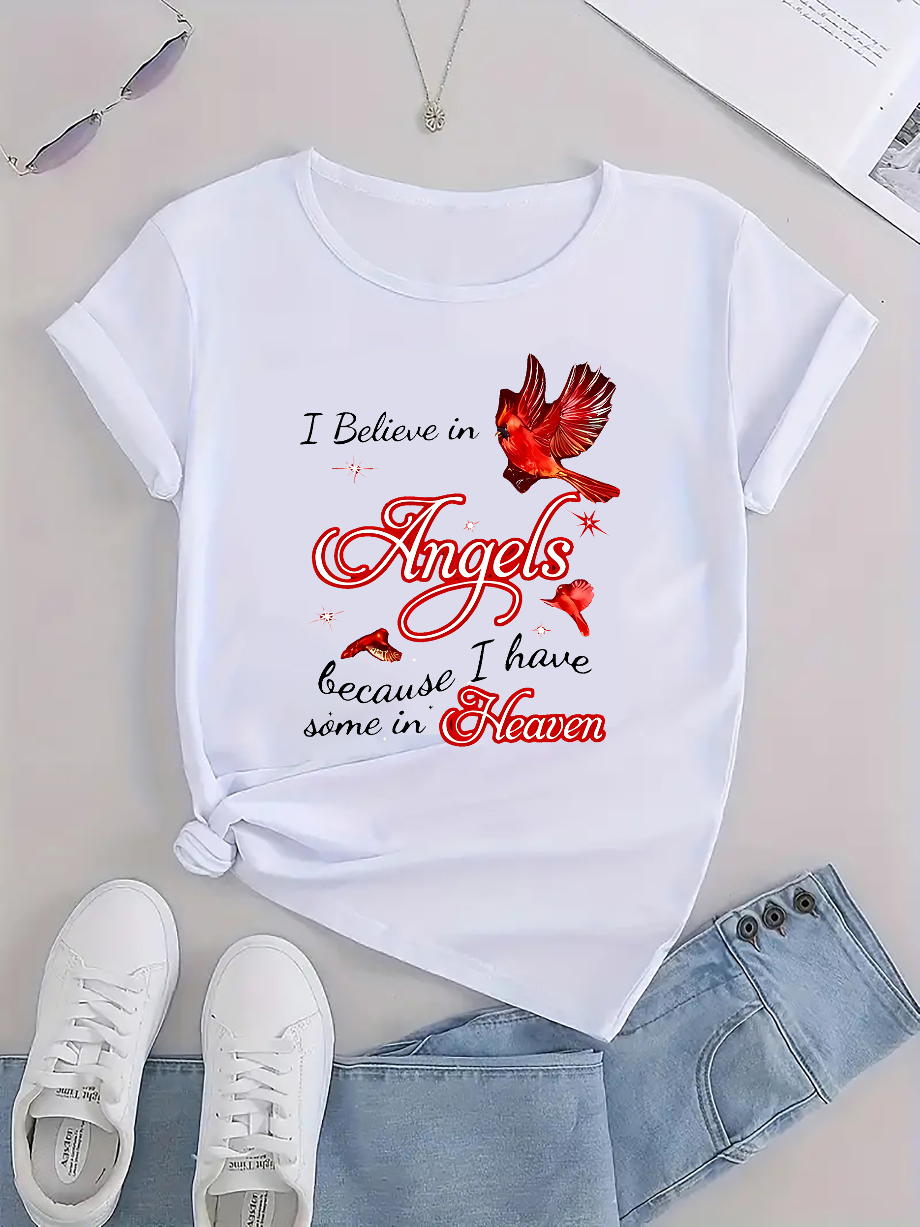 thumbnail image 2 of 1pc Angel Believer Red Cardinal Bird Print T-Shirt, Women'S Casual Crew Neck Short Sleeve Top, Medium Stretch Polyester Knit, Fashionable All-Season Tee, 2 of 8