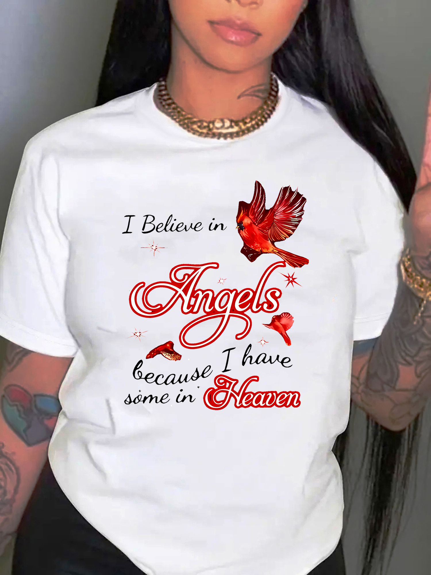 1pc Angel Believer Red Cardinal Bird Print T-Shirt, Women'S Casual Crew Neck Short Sleeve Top, Medium Stretch Polyester Knit, Fashionable All-Season Tee