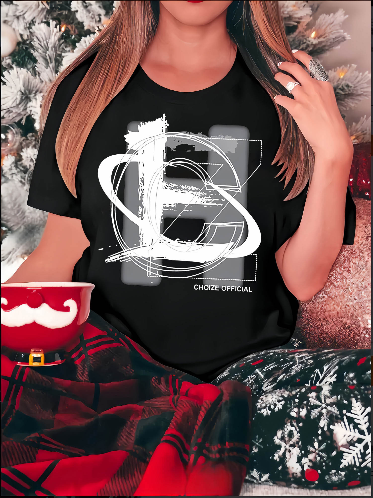 thumbnail image 1 of Women's Fashionable Black T-Shirt with Creative Letter HE Design - Casual Round Neck, Short Sleeve, Comfortable Polyester Blend, Perfect for Summer & Holiday Wear, Holiday Clothing|Round Neck Tshirt|, 1 of 8