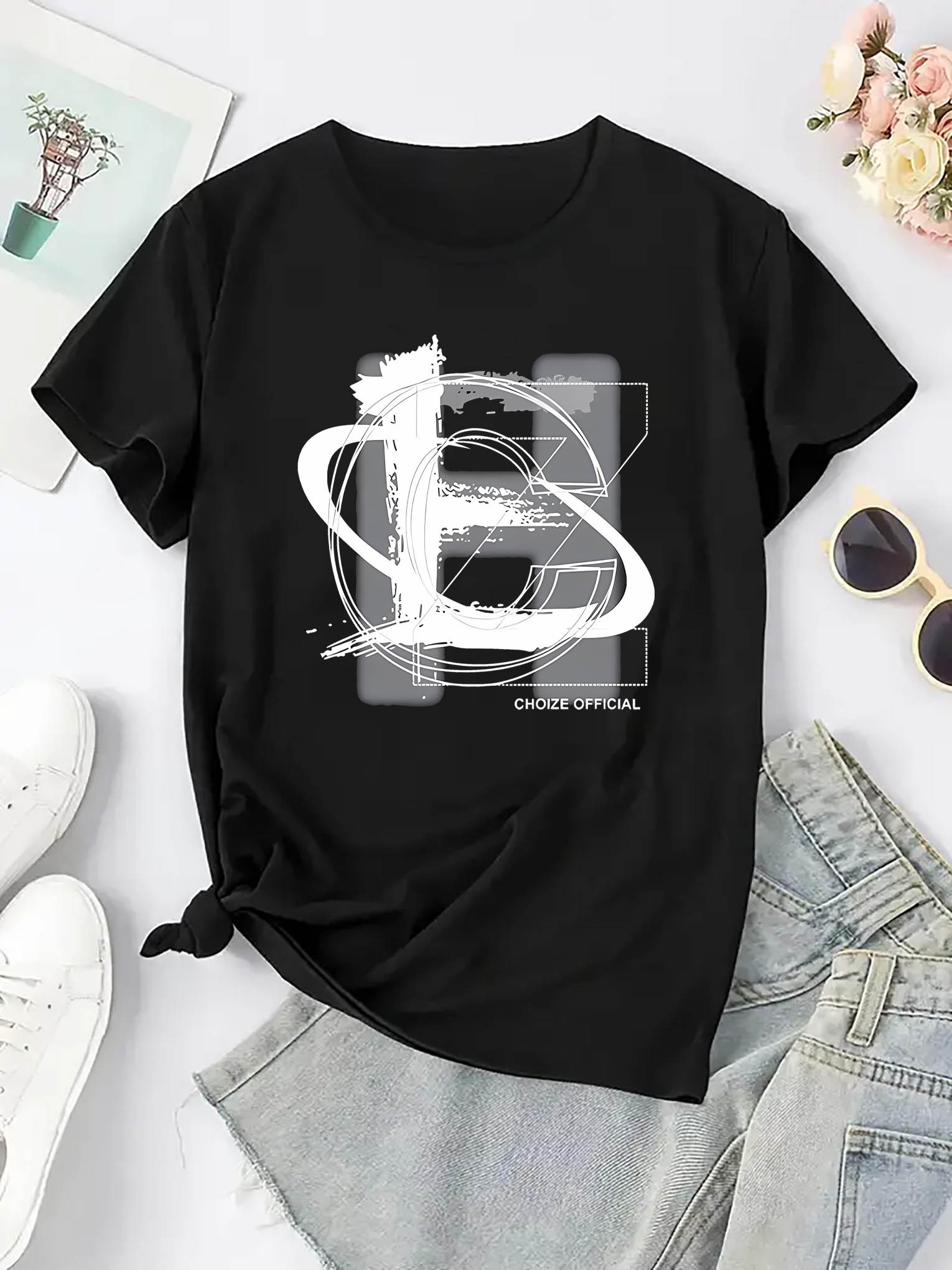 thumbnail image 3 of Women's Fashionable Black T-Shirt with Creative Letter HE Design - Casual Round Neck, Short Sleeve, Comfortable Polyester Blend, Perfect for Summer & Holiday Wear, Holiday Clothing|Round Neck Tshirt|, 3 of 8