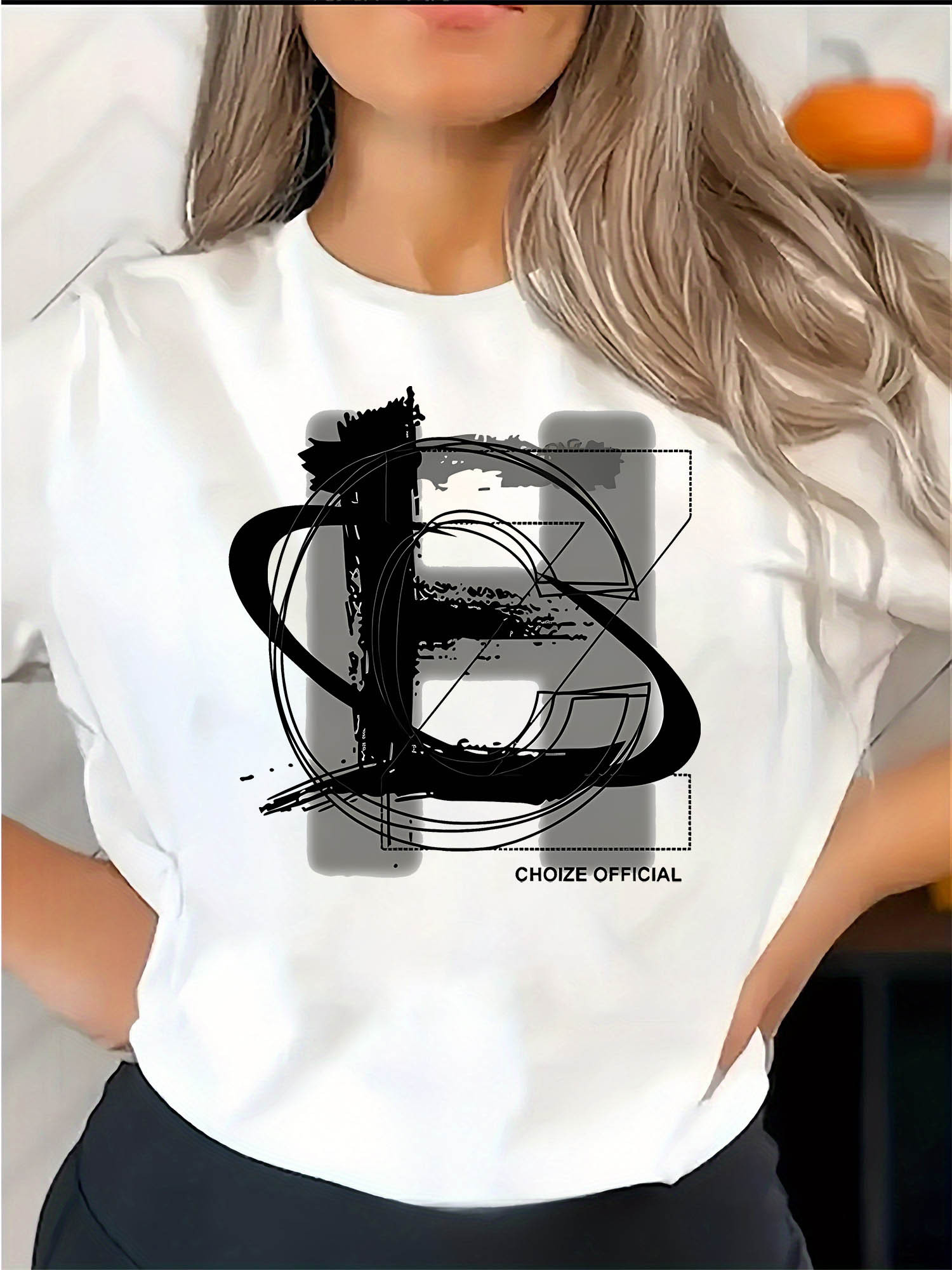 thumbnail image 2 of Women's Fashionable Black T-Shirt with Creative Letter HE Design - Casual Round Neck, Short Sleeve, Comfortable Polyester Blend, Perfect for Summer & Holiday Wear, Holiday Clothing|Round Neck Tshirt|, 2 of 8