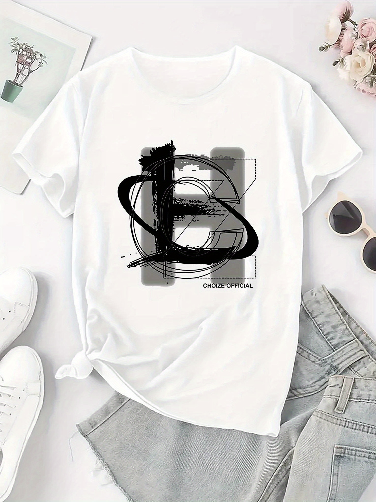 thumbnail image 4 of Women's Fashionable Black T-Shirt with Creative Letter HE Design - Casual Round Neck, Short Sleeve, Comfortable Polyester Blend, Perfect for Summer & Holiday Wear, Holiday Clothing|Round Neck Tshirt|, 4 of 8