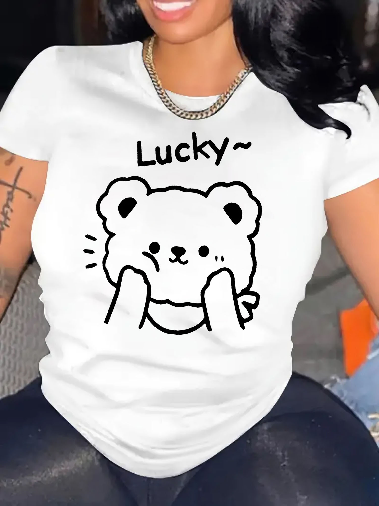 Women'S Casual Crew Neck T-Shirt with Lucky Bear Print, Fashionable Short Sleeve Top, Medium Stretch Polyester (95%) & Spandex (5%), All-Season Animal Pattern Tee for Sports & Leisure