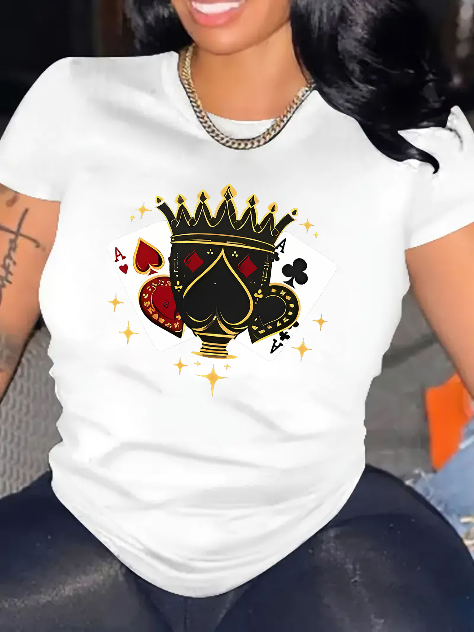 thumbnail image 2 of Elegant Style, Women's Casual Crown of Spades Graphic T-Shirt - Stylish Round Neck Short Sleeve, Comfortable Polyester Blend, Perfect for Summer Fashion, 2 of 8