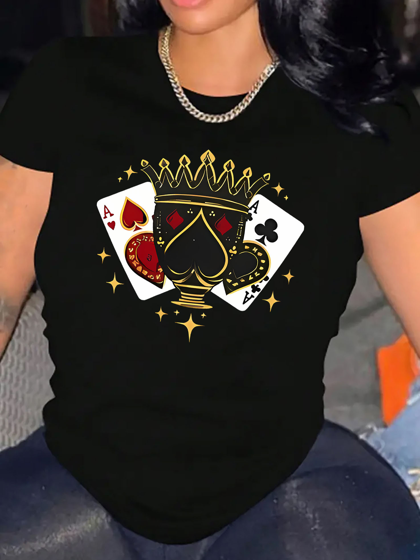 thumbnail image 1 of Elegant Style, Women's Casual Crown of Spades Graphic T-Shirt - Stylish Round Neck Short Sleeve, Comfortable Polyester Blend, Perfect for Summer Fashion, 1 of 8