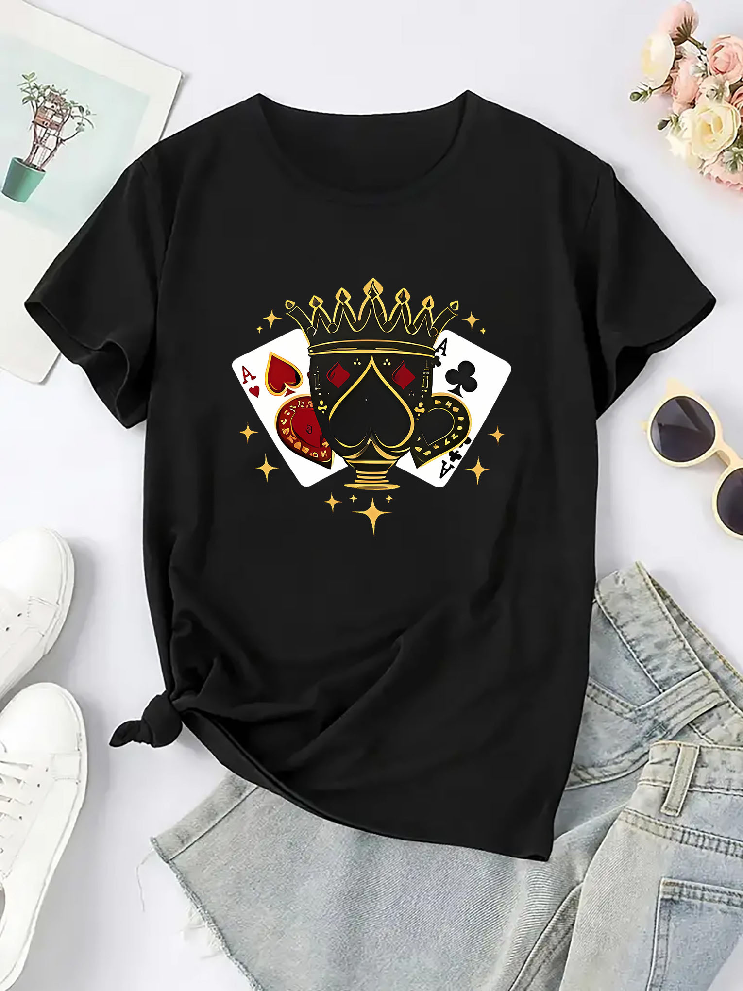 thumbnail image 4 of Elegant Style, Women's Casual Crown of Spades Graphic T-Shirt - Stylish Round Neck Short Sleeve, Comfortable Polyester Blend, Perfect for Summer Fashion, 4 of 8