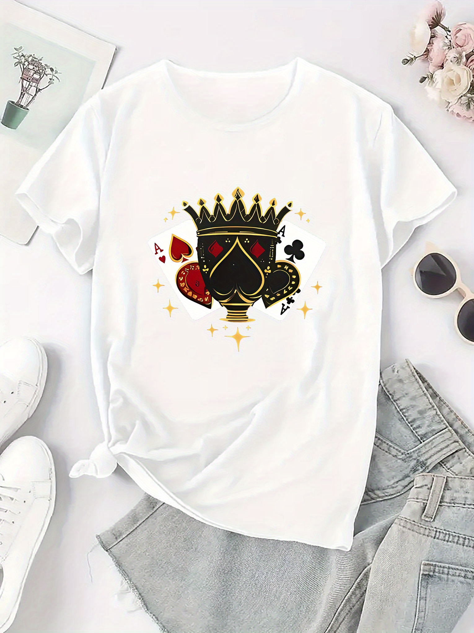 thumbnail image 3 of Elegant Style, Women's Casual Crown of Spades Graphic T-Shirt - Stylish Round Neck Short Sleeve, Comfortable Polyester Blend, Perfect for Summer Fashion, 3 of 8