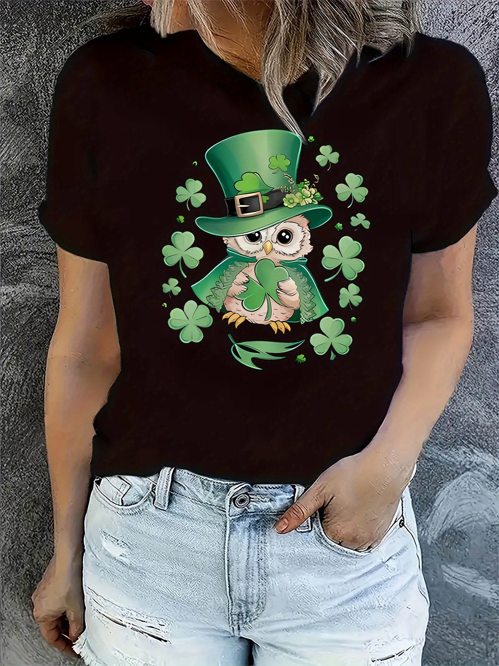 thumbnail image 2 of Women's St. Patrick's Day Owl Print T-Shirt - Casual Crew Neck, Short Sleeve, Comfortable Polyester Blend, Machine Washable, Festive Summer Top, Holiday Fashion Tee | Graphic Crew Neck | Stretchable, 2 of 8