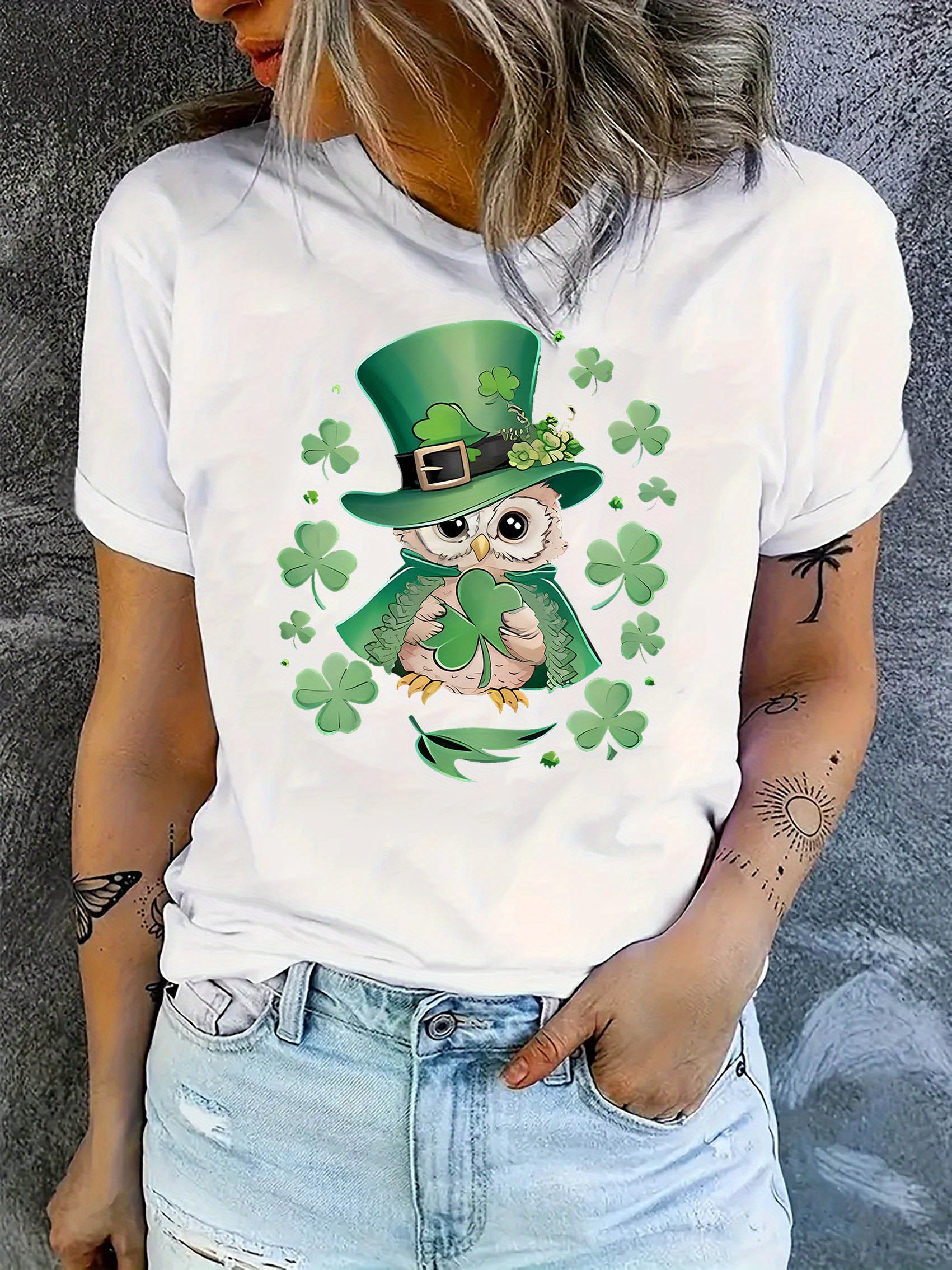 Women's St. Patrick's Day Owl Print T-Shirt - Casual Crew Neck, Short Sleeve, Comfortable Polyester Blend, Machine Washable, Festive Summer Top, Holiday Fashion Tee | Graphic Crew Neck | Stretchable