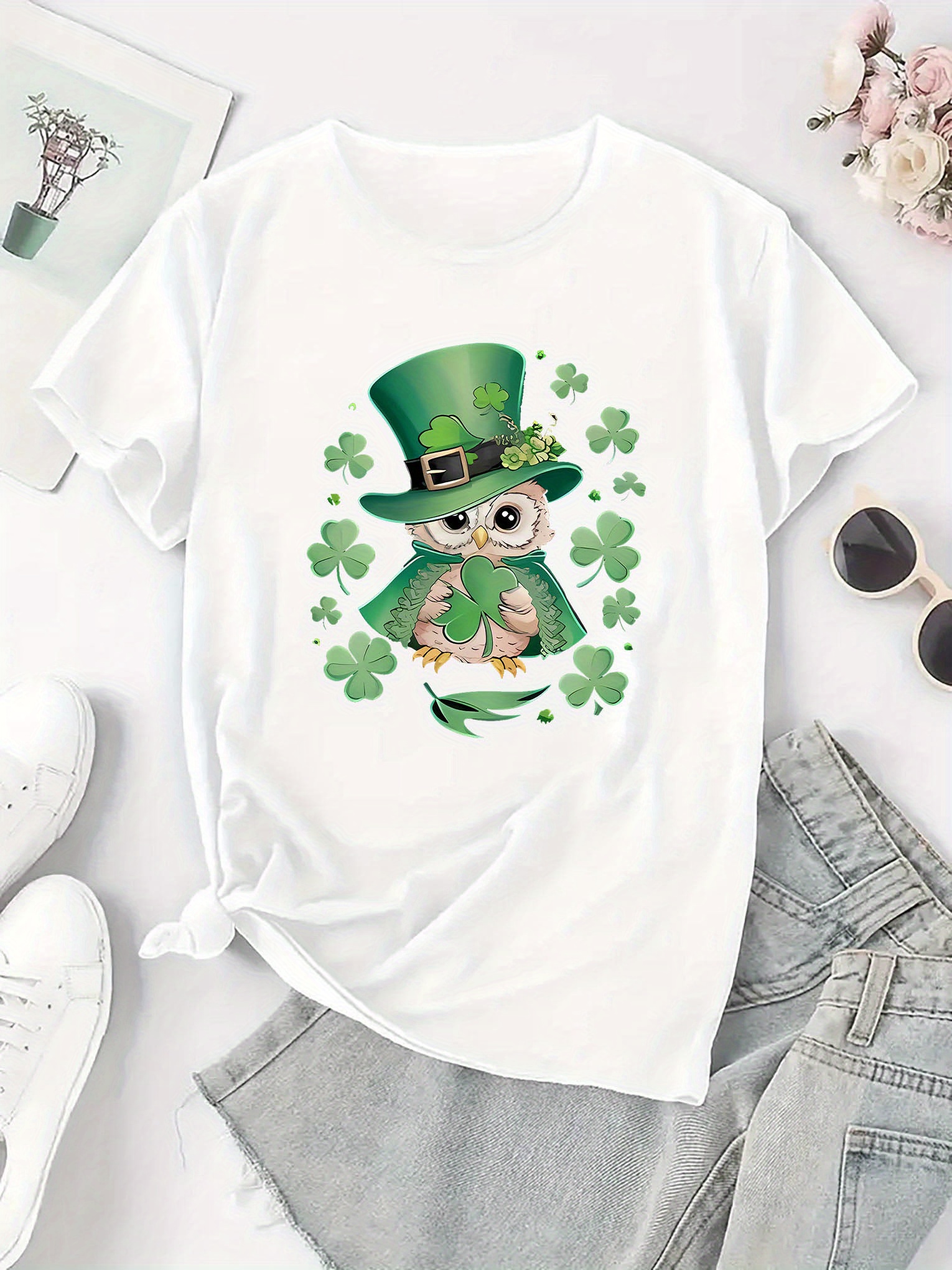 thumbnail image 3 of Women's St. Patrick's Day Owl Print T-Shirt - Casual Crew Neck, Short Sleeve, Comfortable Polyester Blend, Machine Washable, Festive Summer Top, Holiday Fashion Tee | Graphic Crew Neck | Stretchable, 3 of 8