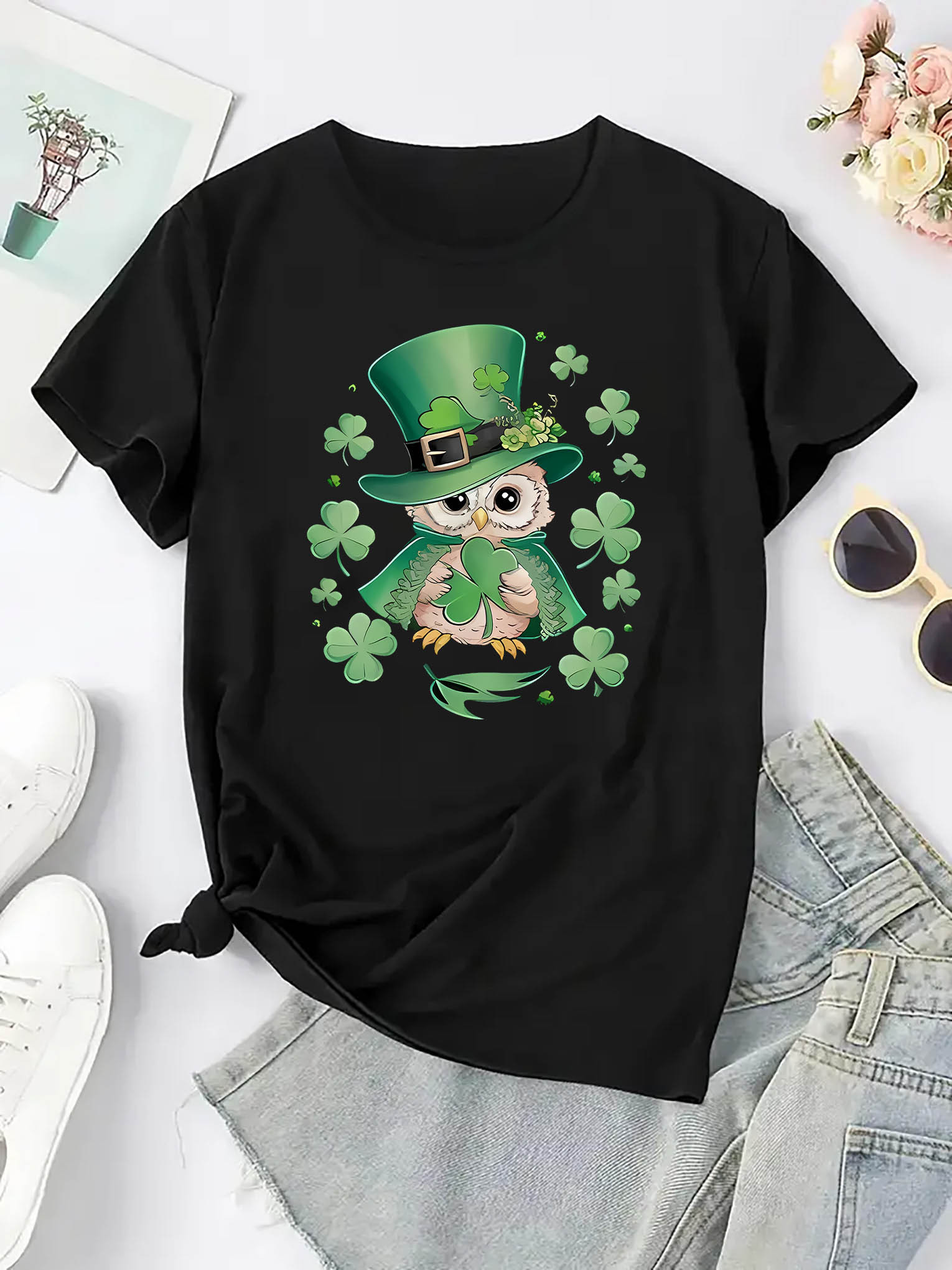 thumbnail image 4 of Women's St. Patrick's Day Owl Print T-Shirt - Casual Crew Neck, Short Sleeve, Comfortable Polyester Blend, Machine Washable, Festive Summer Top, Holiday Fashion Tee | Graphic Crew Neck | Stretchable, 4 of 8