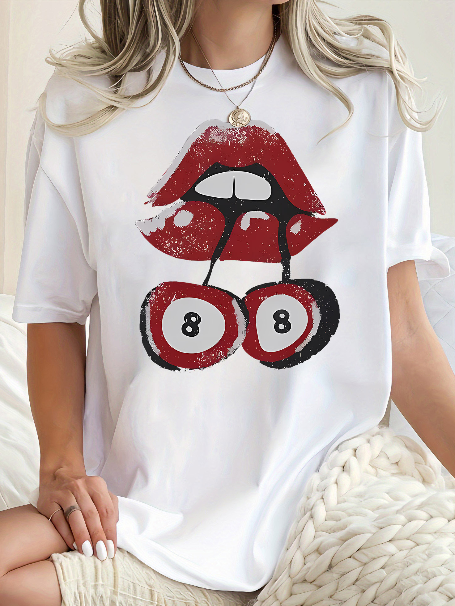 thumbnail image 1 of Women's Fun Cherry Lips Graphic Tee - Casual Crew Neck Short Sleeve T-Shirt, Stretchy & Machine Washable, Perfect for Summer, 1 of 8