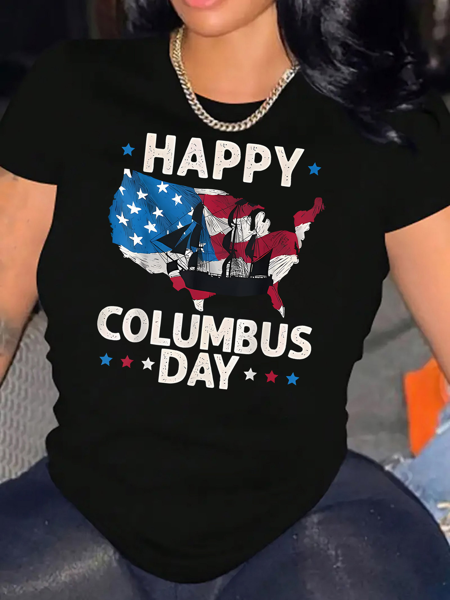 thumbnail image 1 of Women'S Columbus Day Celebration T-Shirt with Patriotic Flag and Letter Print, Casual Crew Neck Short Sleeve Tee, Polyester and Spandex Knit Fabric - Medium Stretch, Comfortable Fit for All Seasons, 1 of 8