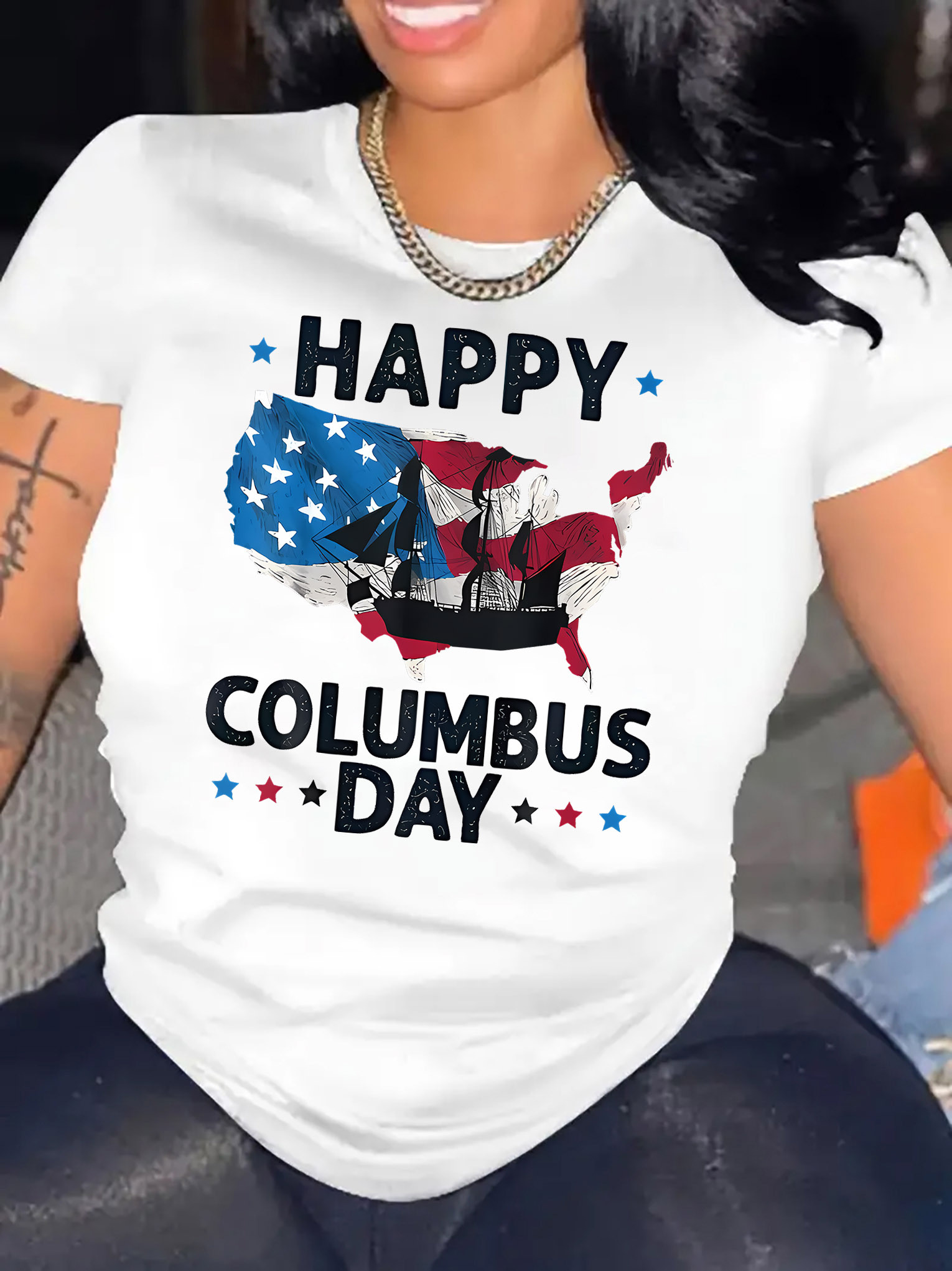 thumbnail image 2 of Women'S Columbus Day Celebration T-Shirt with Patriotic Flag and Letter Print, Casual Crew Neck Short Sleeve Tee, Polyester and Spandex Knit Fabric - Medium Stretch, Comfortable Fit for All Seasons, 2 of 8