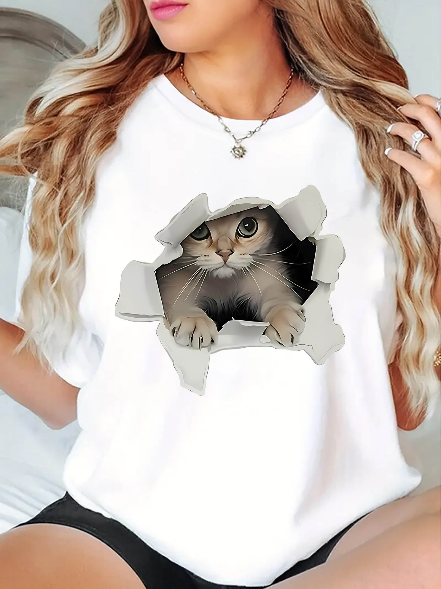 thumbnail image 1 of Women's Cute Cat Graphic Tee - Casual Round Neck Short Sleeve T-Shirt, Stretchy & Machine Washable, Perfect for Summer, 1 of 8