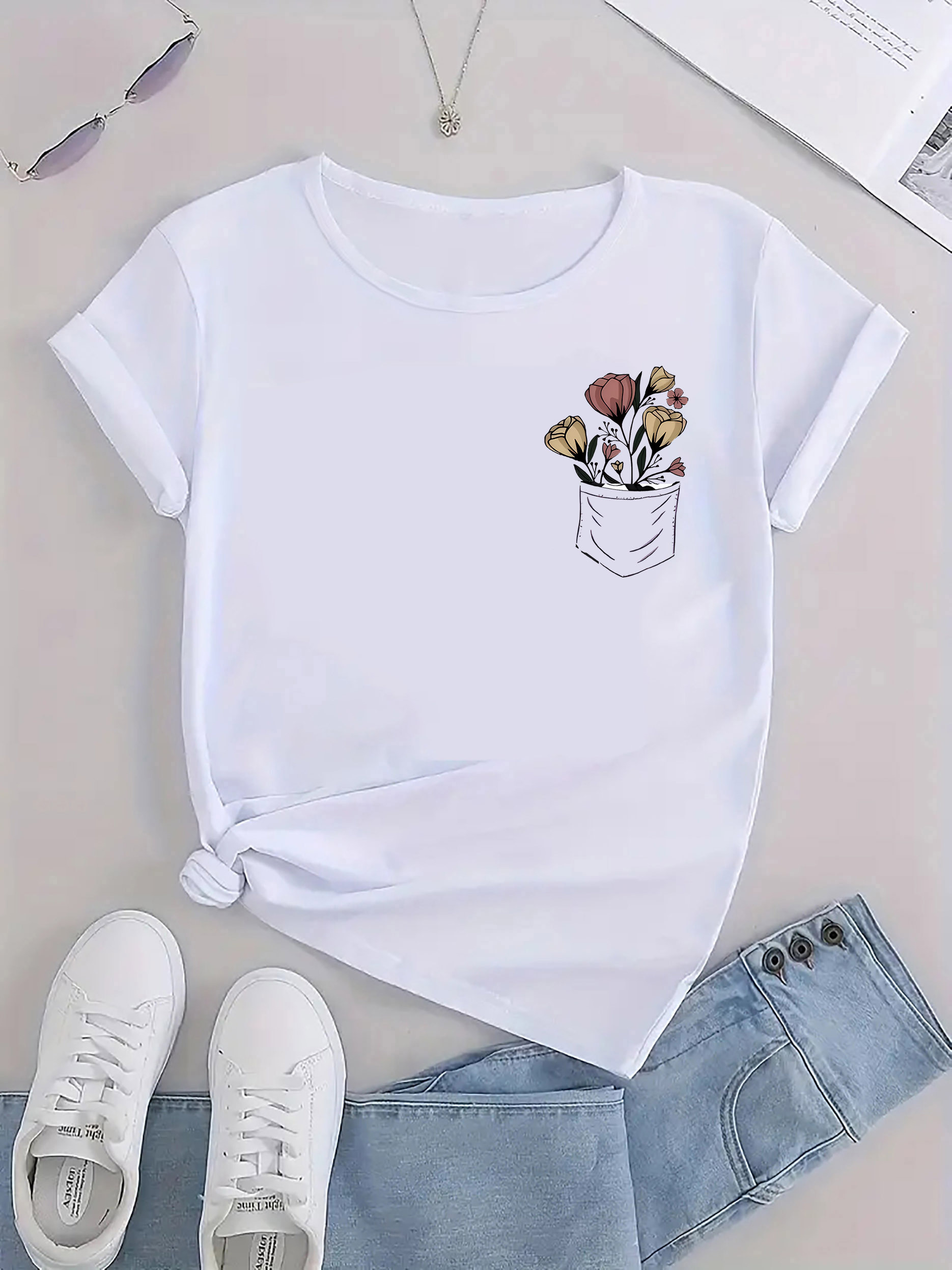thumbnail image 4 of Pocket Floral Creative Simple Abstract Pattern Print Women's Fashion Trendy Round Neck Short Sleeve, Simple Casual Sports T-shirt, Comfortable Summer Top Women's Clothing, 4 of 8