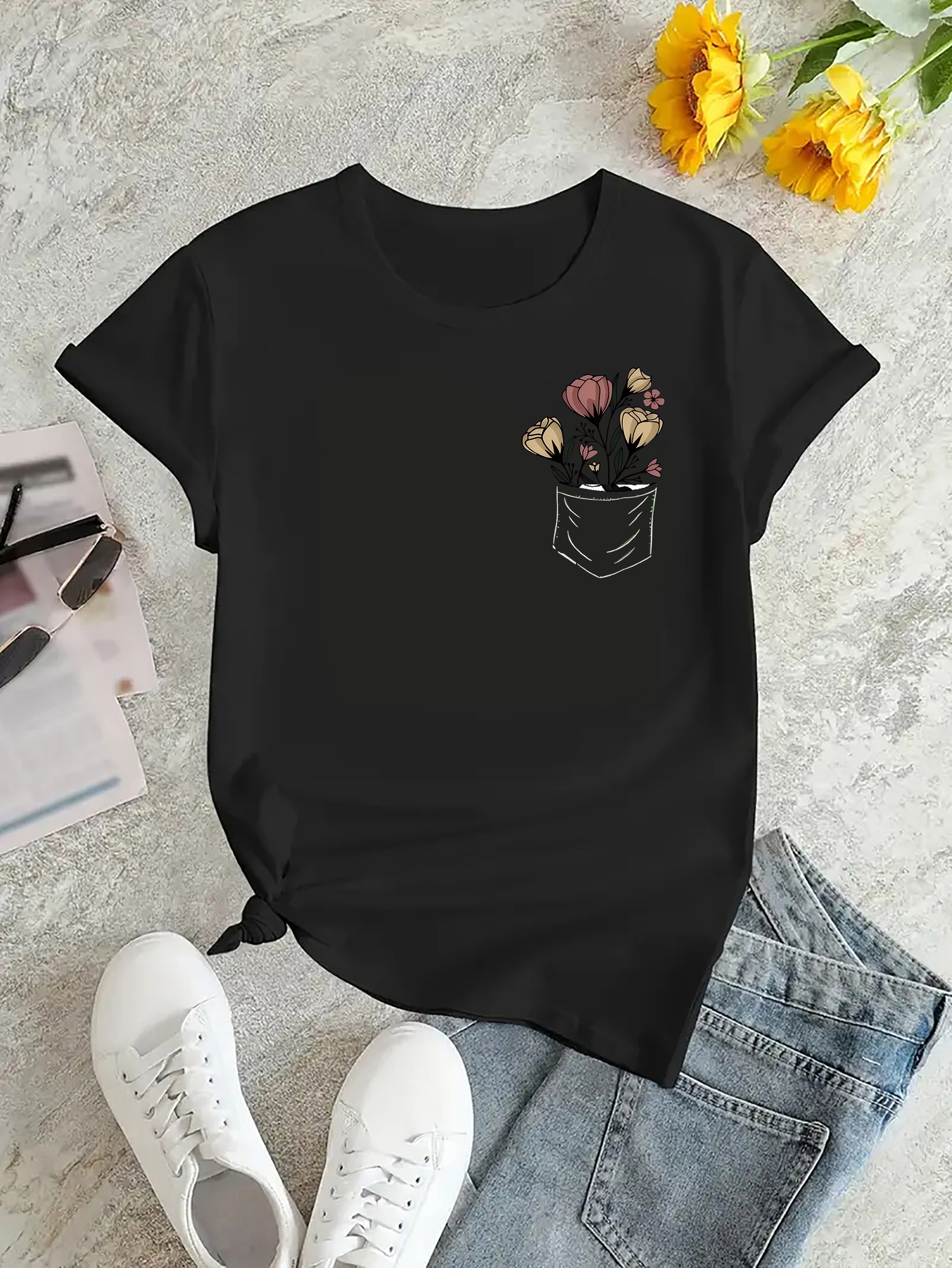 thumbnail image 3 of Pocket Floral Creative Simple Abstract Pattern Print Women's Fashion Trendy Round Neck Short Sleeve, Simple Casual Sports T-shirt, Comfortable Summer Top Women's Clothing, 3 of 8