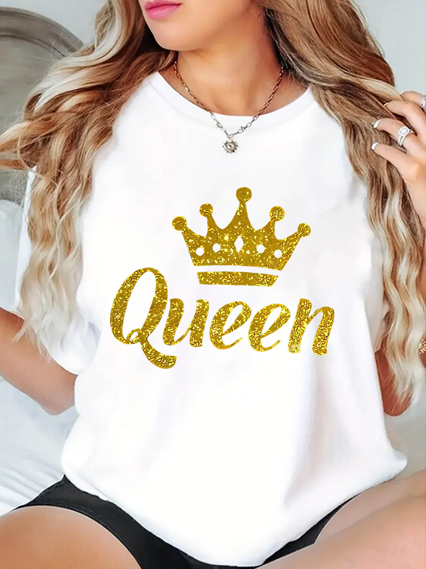 thumbnail image 2 of Women's "Queen" Crown Graphic Tee - Casual & Sporty Black Round Neck Short Sleeve, Lightweight Polyester Blend, Perfect for Summer Comfort, 2 of 8