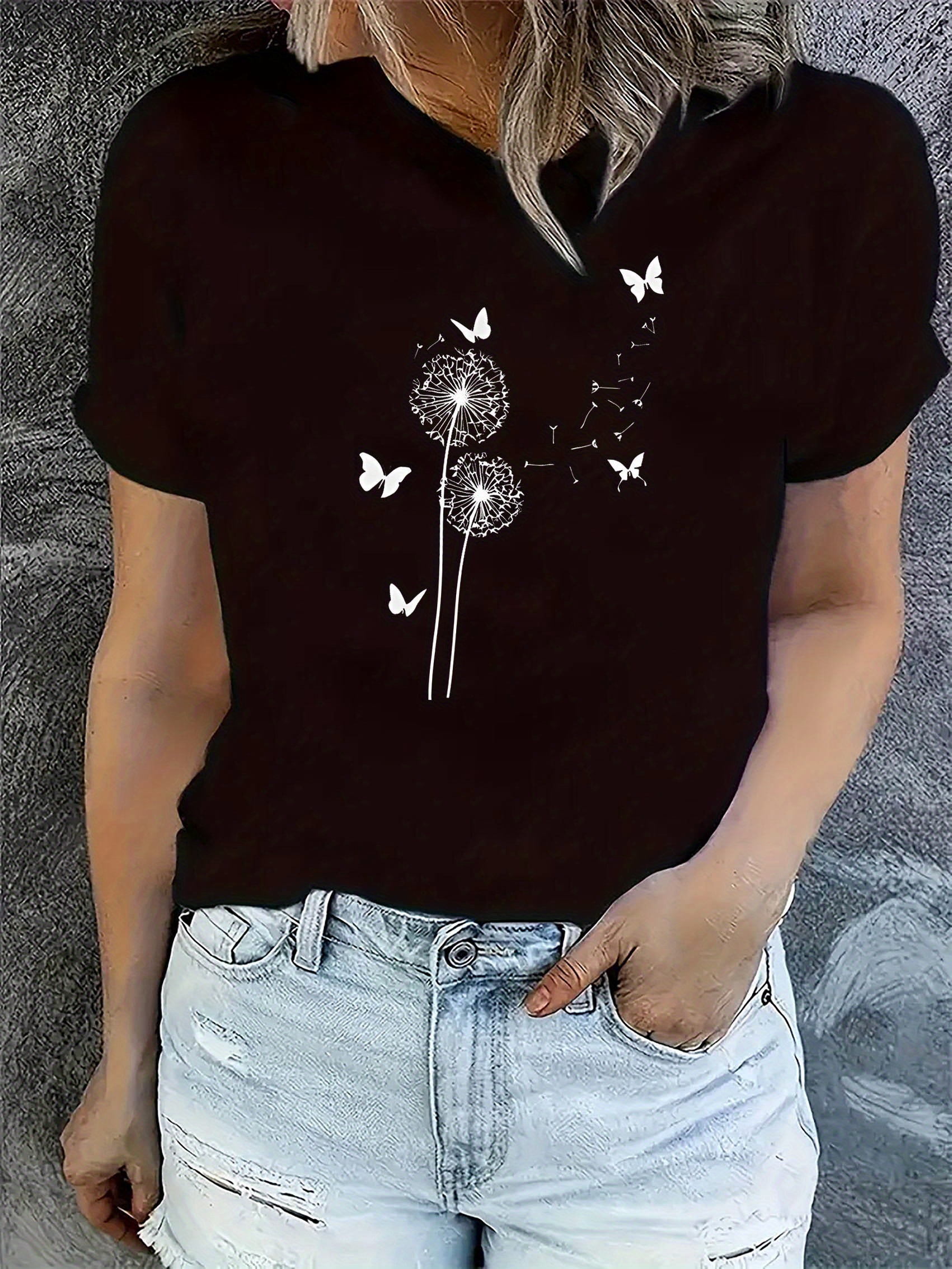 thumbnail image 1 of Women's Casual Dandelion & Butterfly Print T-Shirt - Crew Neck, Short Sleeve, Stretchy Polyester Blend, Machine Washable - Perfect for Summer, Creative, Fashion Trend, Holiday Comfort, 1 of 8