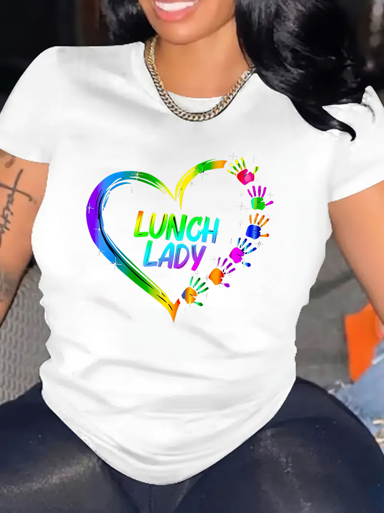 Women's "Lunch Lady" Heart Print T-Shirt - Casual Black Short Sleeve Tee with Colorful Hand-Drawn Design, Comfortable Polyester Blend, Round Neck, Perfect for Summer