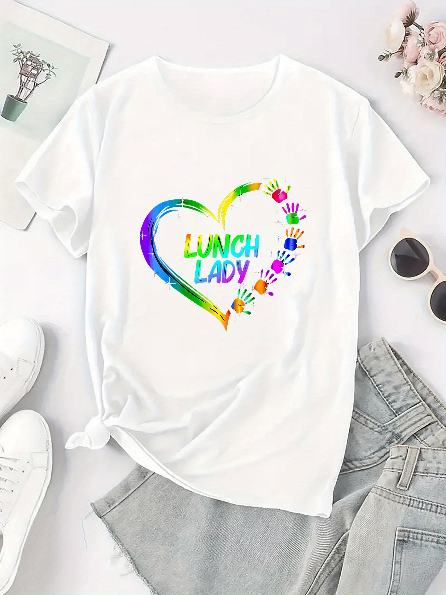 thumbnail image 2 of Women's "Lunch Lady" Heart Print T-Shirt - Casual Black Short Sleeve Tee with Colorful Hand-Drawn Design, Comfortable Polyester Blend, Round Neck, Perfect for Summer, 2 of 8