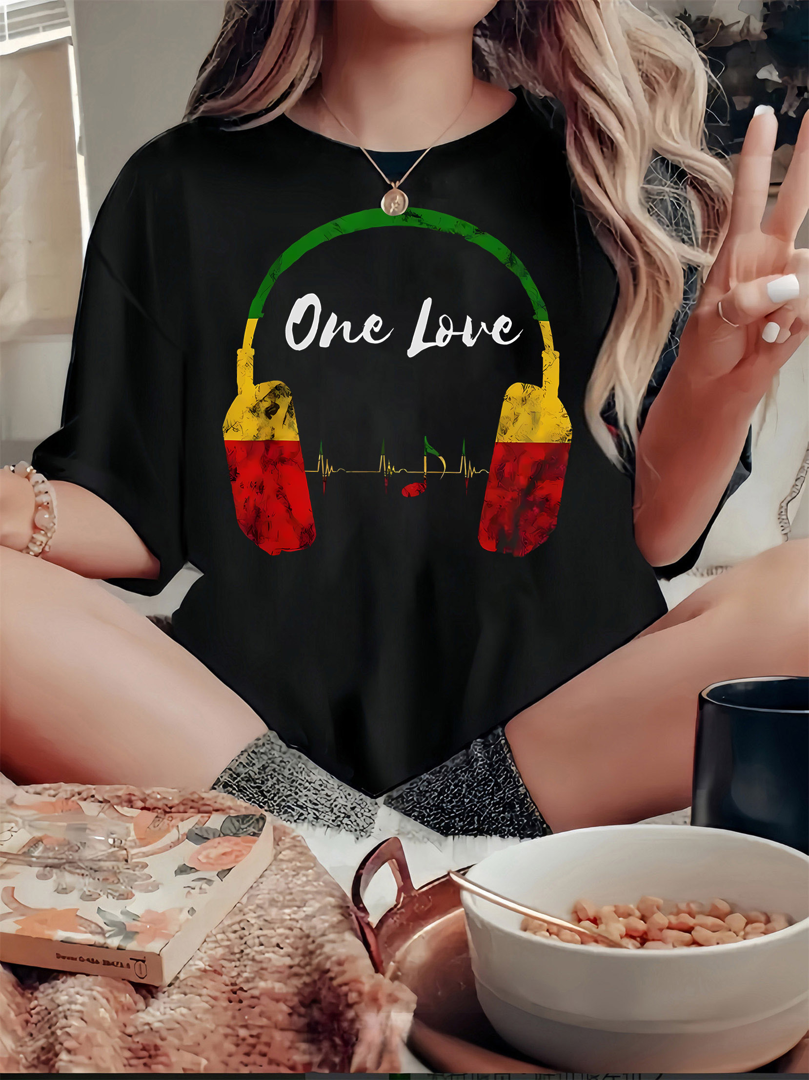 thumbnail image 1 of 1pc Women'S Casual Crew Neck T-Shirt with Geometric-Patterned Headphones and "One Love" Print, Polyester Knit Fabric, Medium Stretch, All-Season Comfort Fit, 1 of 8