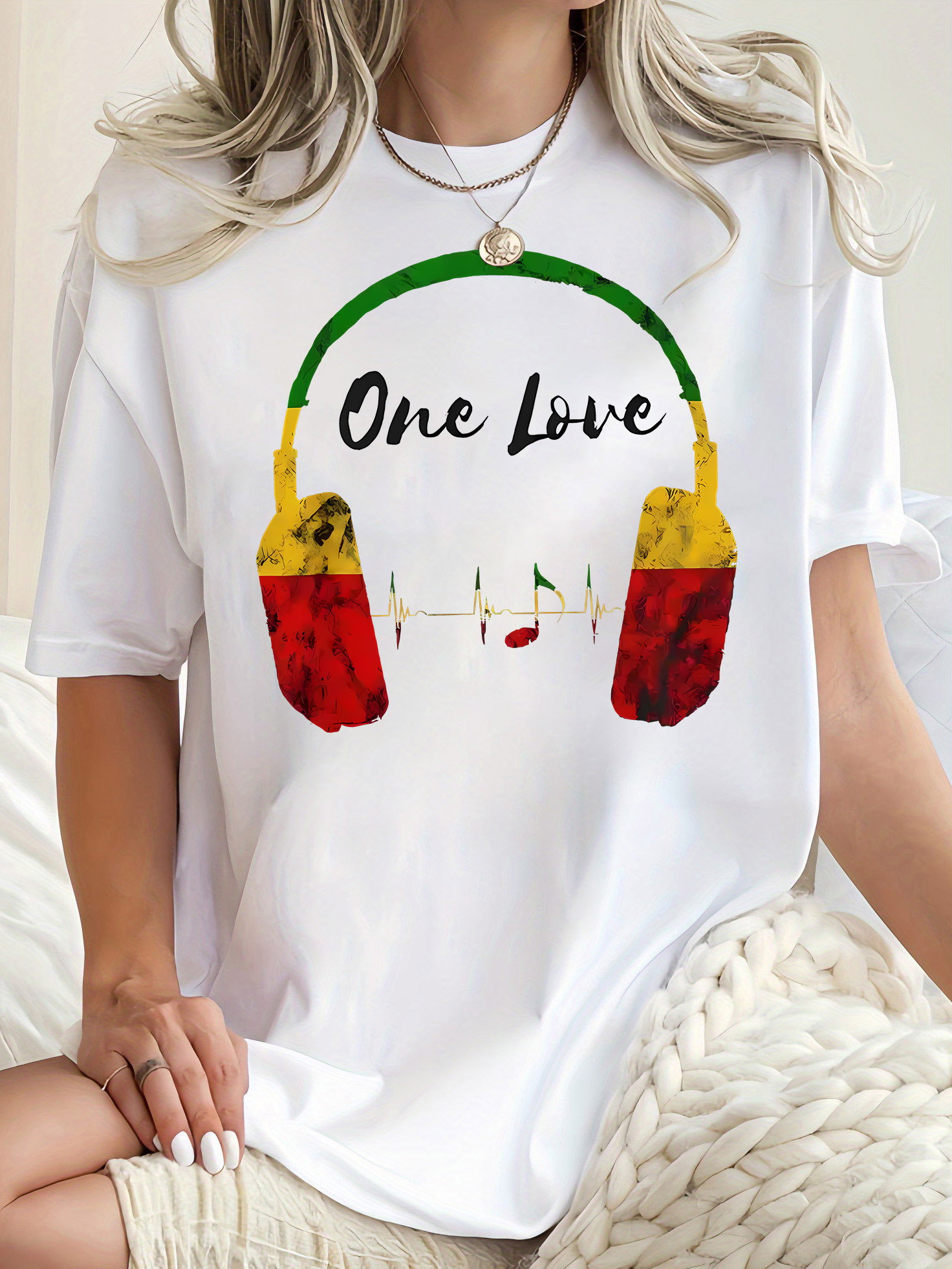 thumbnail image 2 of 1pc Women'S Casual Crew Neck T-Shirt with Geometric-Patterned Headphones and "One Love" Print, Polyester Knit Fabric, Medium Stretch, All-Season Comfort Fit, 2 of 8