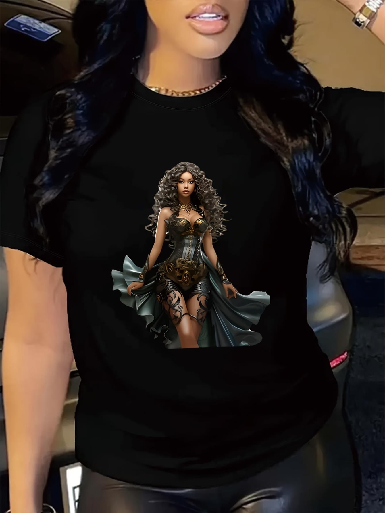 thumbnail image 1 of Fashionable And Confident Warrior Woman Print Crew Neck T-Shirt, Four Seasons Casual Short-Sleeved Round Neck T-Shirt, Women'S Clothing, 1 of 6
