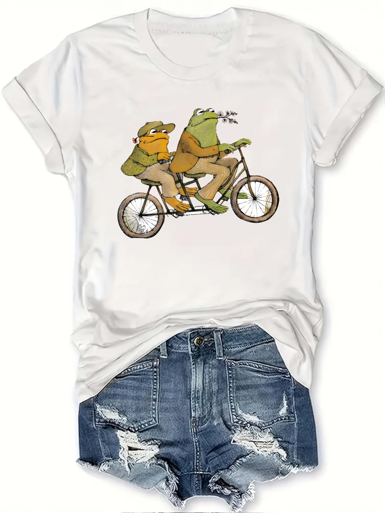 thumbnail image 2 of Women's Cute Frog Bicycle Print T-Shirt - Casual Short Sleeve, Breathable Polyester, Machine Washable - Perfect for Spring & Summer, 2 of 7