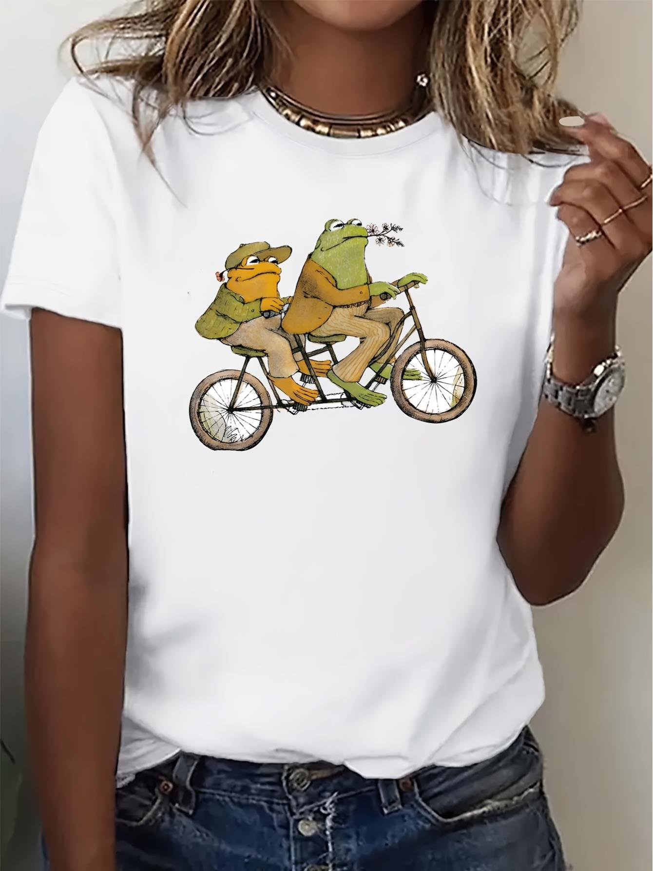 Women's Cute Frog Bicycle Print T-Shirt - Casual Short Sleeve, Breathable Polyester, Machine Washable - Perfect for Spring & Summer
