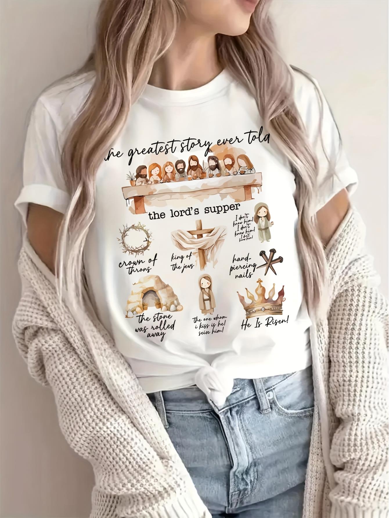 thumbnail image 1 of Easter&Easter Story, on The Third Day of His Resurrection, Christian Easter, He Was Resurrected Print Crew Neck T-Shirt, Four Seasons Casual Short-Sleeved Round Neck T-Shirt, Women'S Clothing, 1 of 6