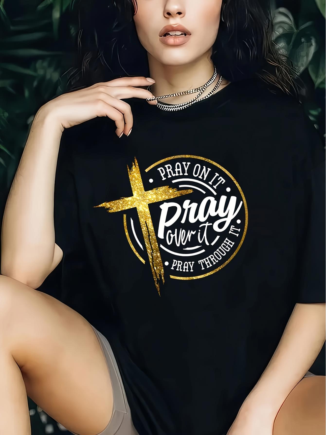 Vintage-Inspired Cross Print T-Shirt for Women - Casual Crew Neck, Short Sleeve, Polyester Blend, Machine Washable - Perfect for Summer