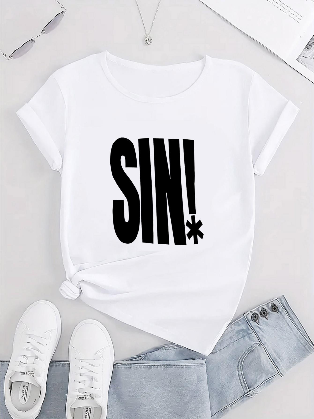 thumbnail image 4 of Letter Print Casual Sports T-shirt, Short Sleeve Crew Neck Spring & Summer Top, Women's Clothing, 4 of 8