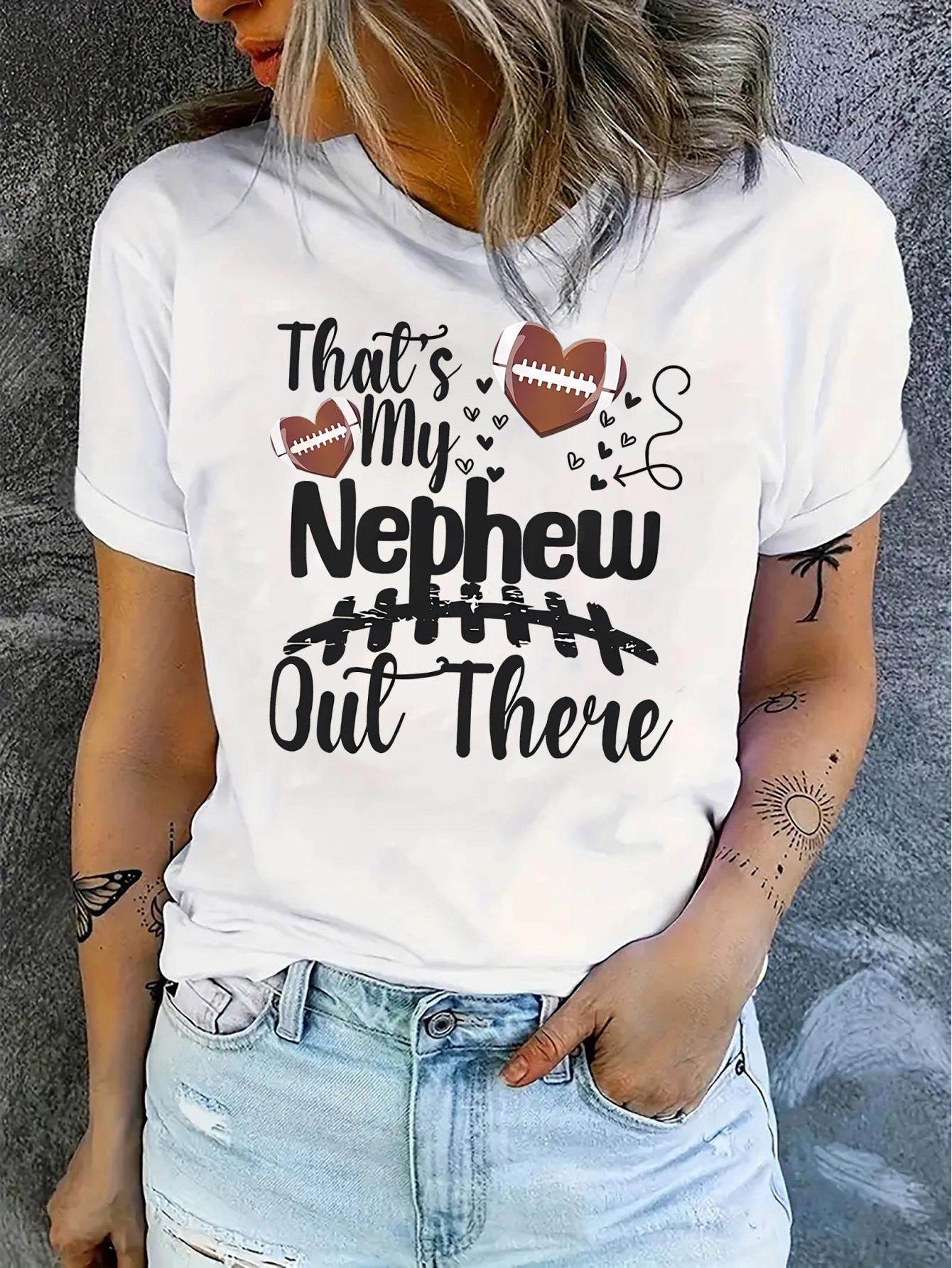 Women'S Casual Polyester-Spandex T-Shirt with Football Heart Nephew Graphic, Crew Neck Short Sleeve Shirt for All Seasons