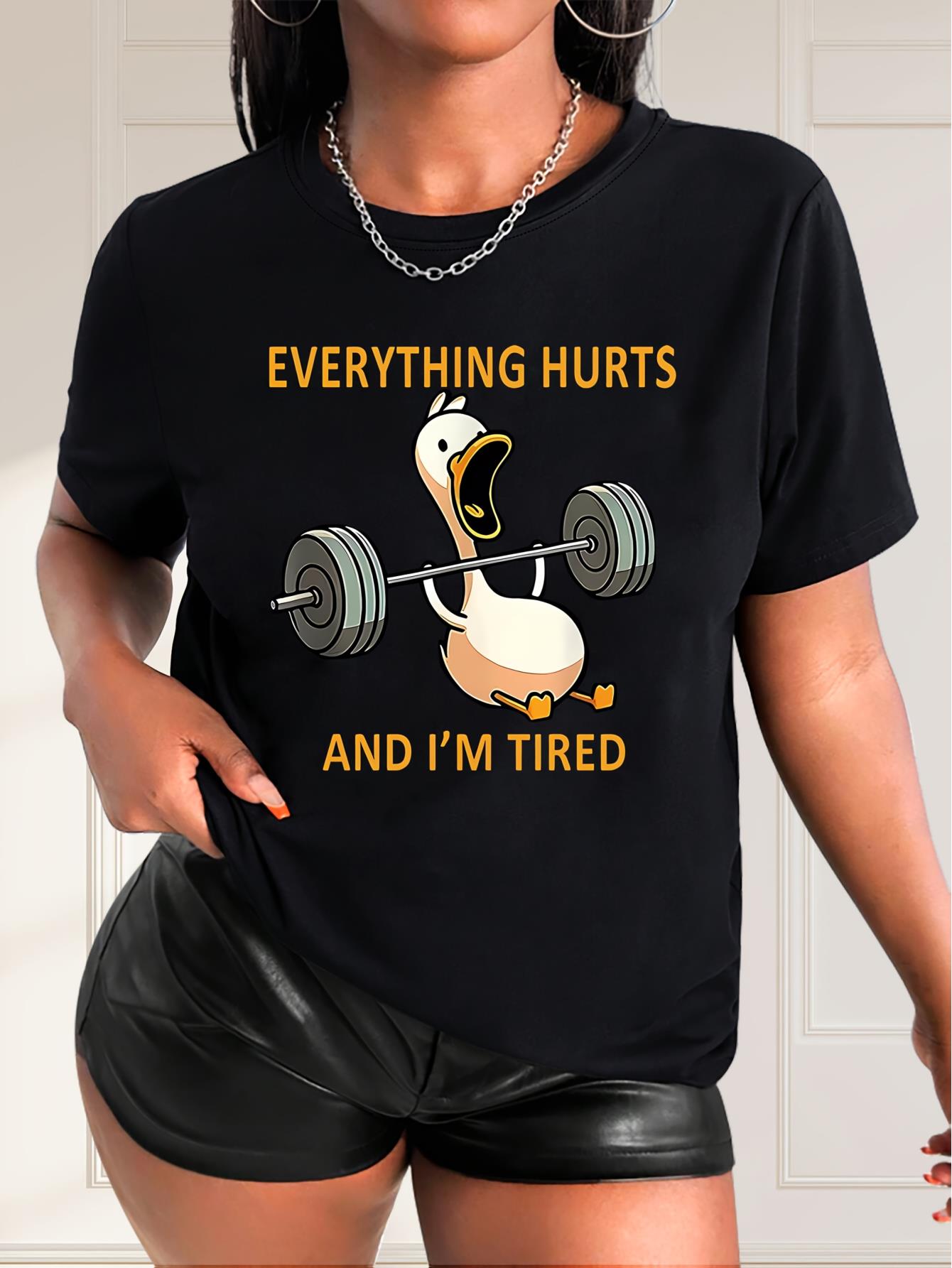 thumbnail image 1 of Women'S Funny Duck Weightlifting Print T-Shirt, Casual Crew Neck Short Sleeve Top, 100% Polyester Knit Fabric, Medium Stretch, 180g/m², Spring/Summer/Fall Fashion Tee, 1 of 7