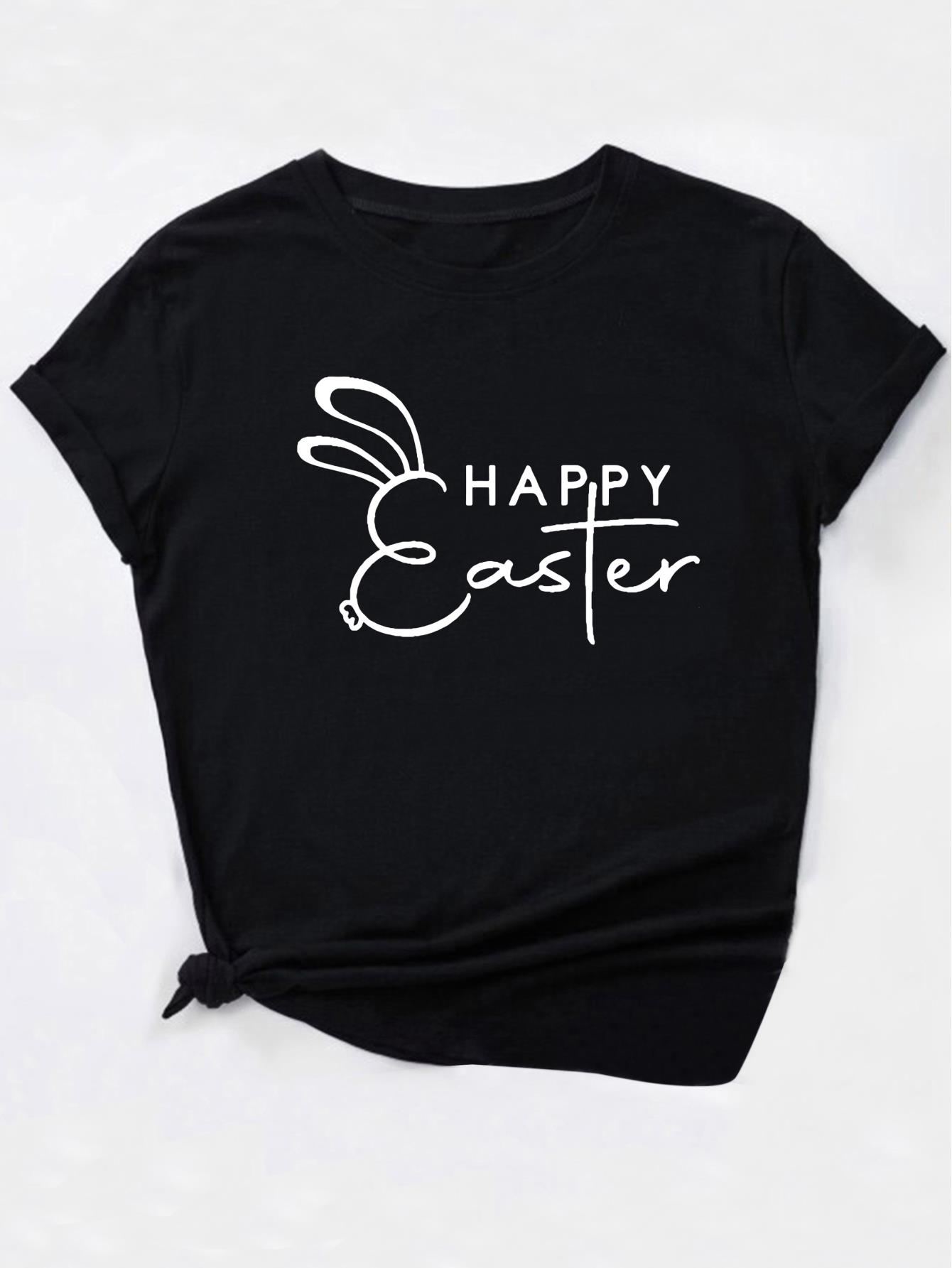 thumbnail image 4 of Happy Easter Cute Rabbit Ears Print Round Neck T-Shirt, Women's Fashion Sports Loose Trendy Short Sleeve T-Shirt, 2025 Spring Summer New Top, 4 of 7
