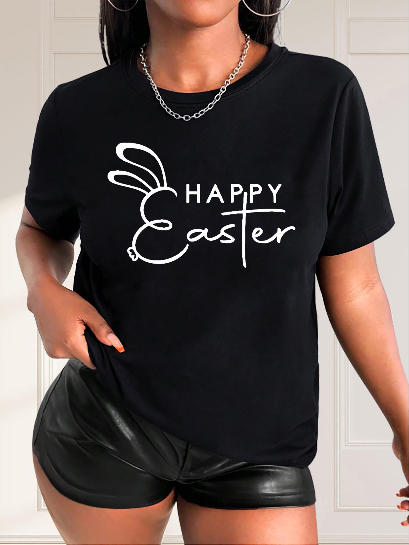Happy Easter Cute Rabbit Ears Print Round Neck T-Shirt, Women's Fashion Sports Loose Trendy Short Sleeve T-Shirt, 2025 Spring Summer New Top