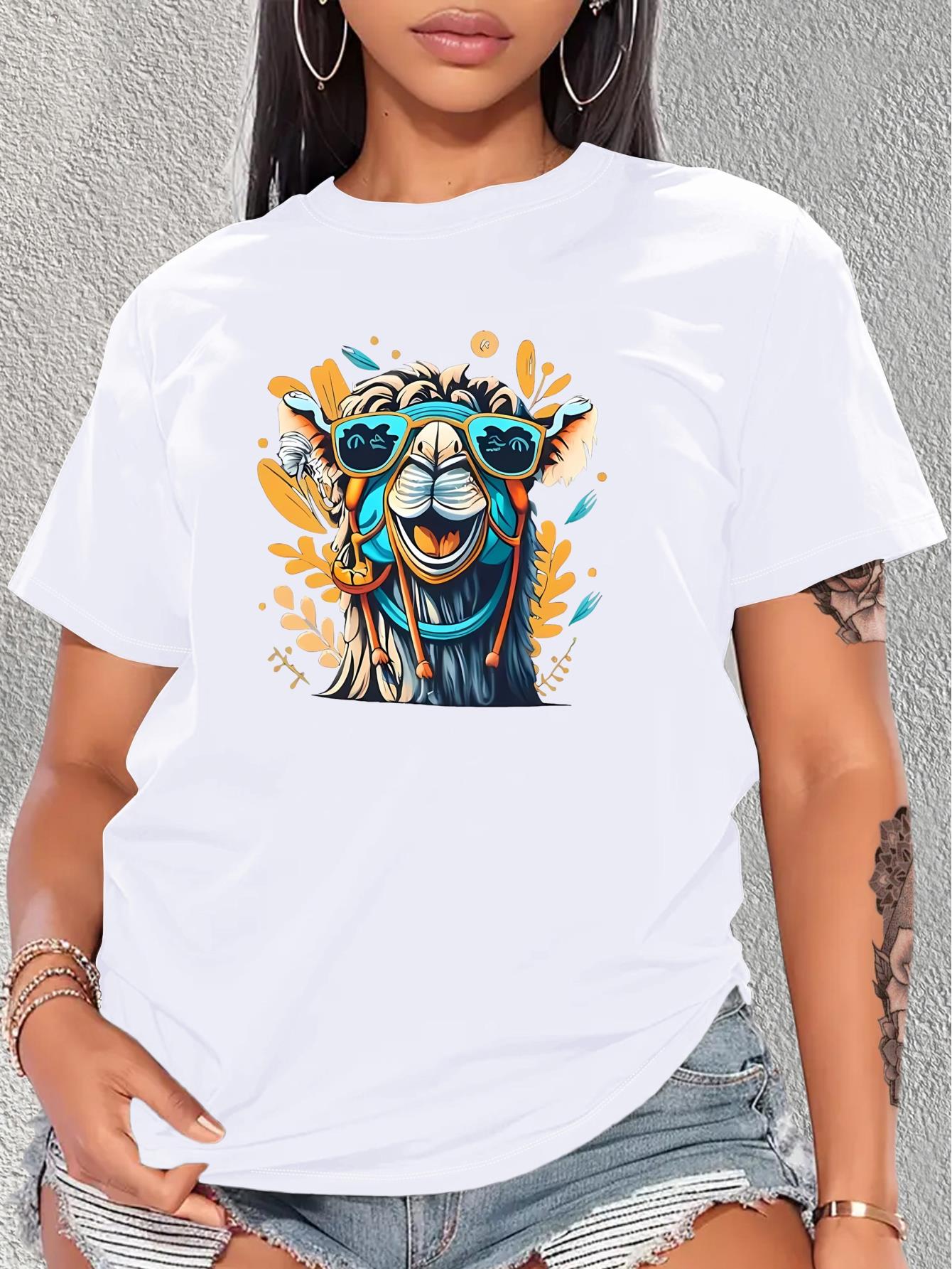 Camel Print Round Neck Sports T-shirt, Short Sleeve Running Casual Tops, Women's Activewear