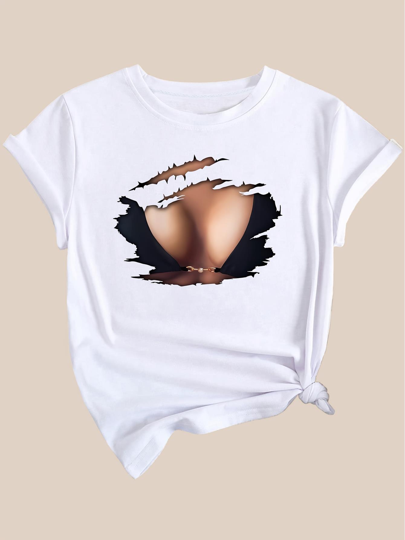 thumbnail image 4 of 1pc Women'S Casual Round Neck Short Sleeve T-Shirt with Creative Graphic Print, Polyester Knit Fabric, Stretchy, for Spring/Summer/Autumn, 4 of 7