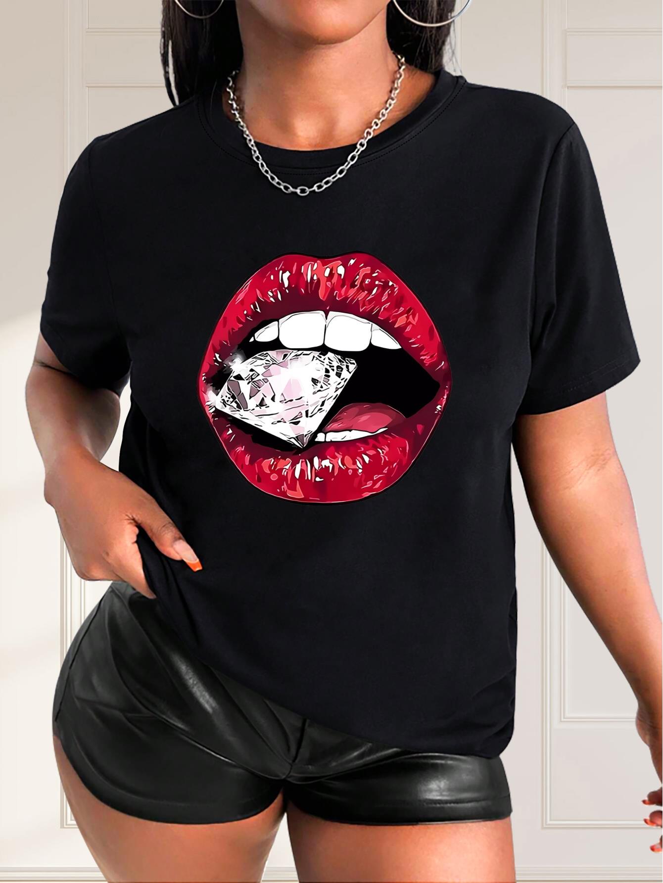 thumbnail image 1 of Lips Graphic Short Sleeves Sports Tee, Round Neck Workout Causal T-shirt Top, Women's Activewear, 1 of 7