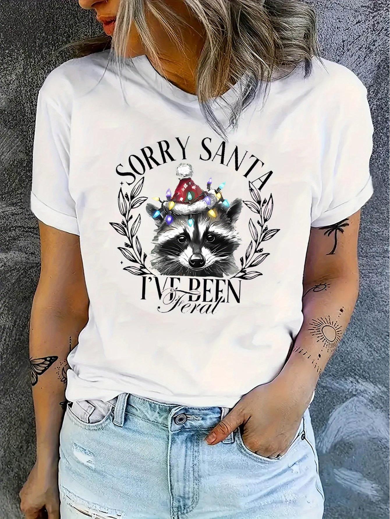 thumbnail image 1 of Women's Christmas Raccoon Graphic T-Shirt, Casual Crew Neck Short Sleeve Tee, Polyester & Spandex Blend, Medium Stretch Knit Fabric, for All Season Comfort Fit Top, Raccoon Shirt, 1 of 8
