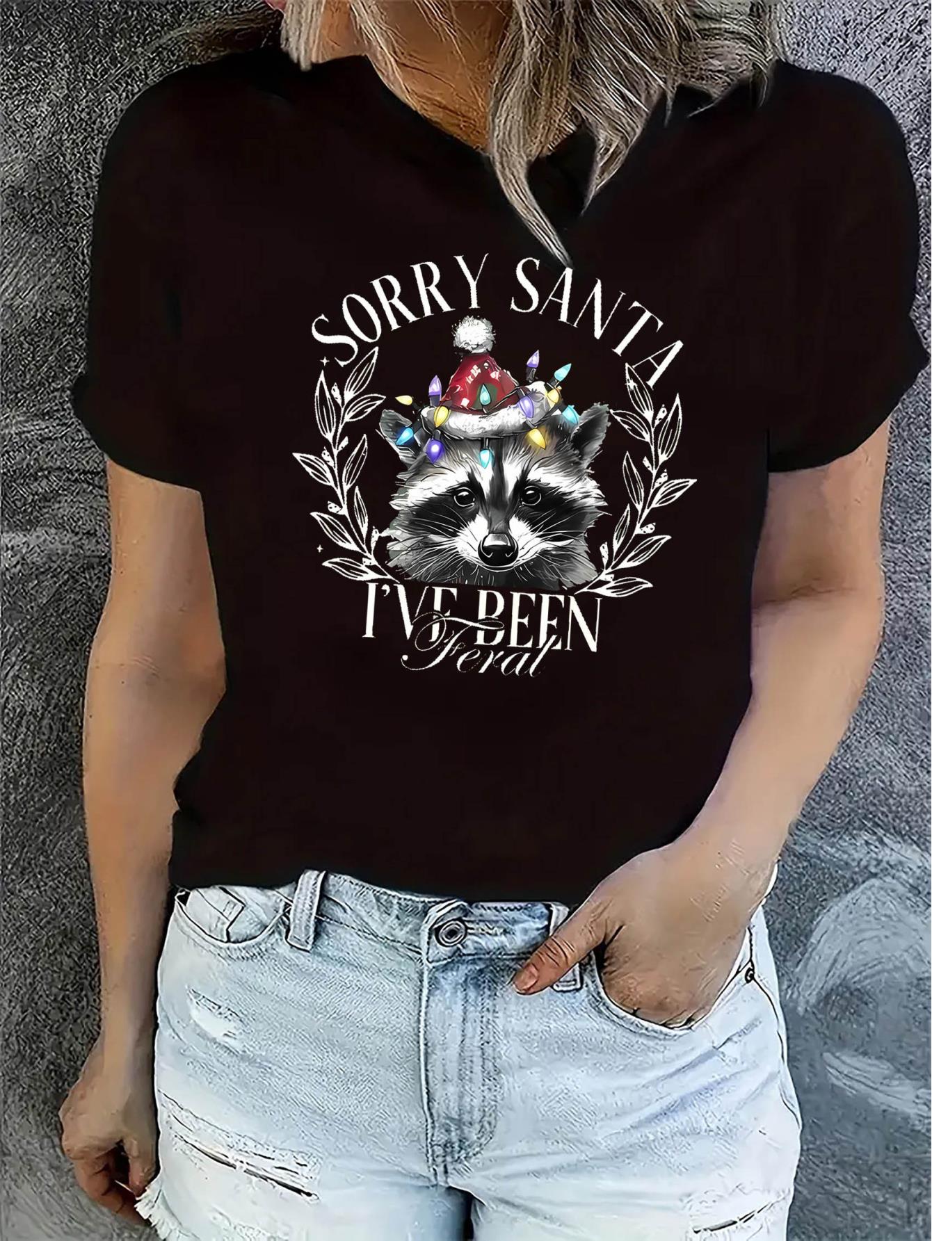 thumbnail image 2 of Women's Christmas Raccoon Graphic T-Shirt, Casual Crew Neck Short Sleeve Tee, Polyester & Spandex Blend, Medium Stretch Knit Fabric, for All Season Comfort Fit Top, Raccoon Shirt, 2 of 8